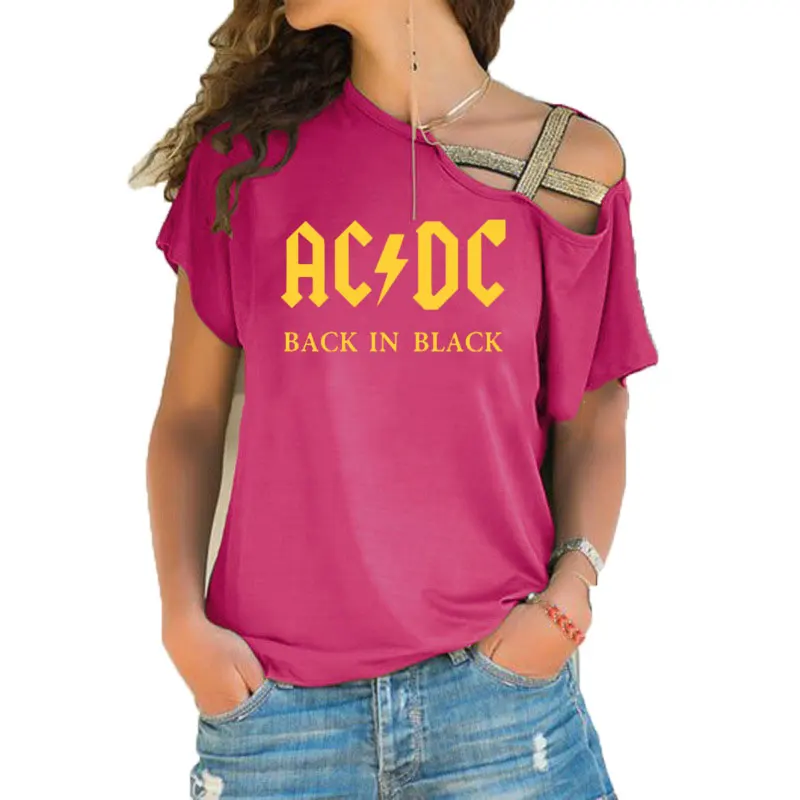 Группа ACDC футболка в стиле рок женские ACDC с буквенным принтом футболки хип хоп Рэп музыка асимметричное, с короткими рукавами Skew Крест повязки топы тройник - Цвет: 16