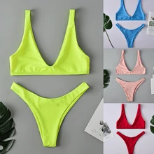 Неоновый купальник женский пуш-ап бикини купальный костюм женский пляжный микро бикини красный флуоресцентный зеленый розовый Глубокий V бикини костюмы