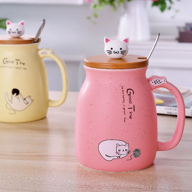 Кружка с изображением кошачьей мордочки с крышкой керамическая чашка портативная кружка для кофе с молоком Детские офисные подарки креативная чашка с ложкой и крышкой экологичная