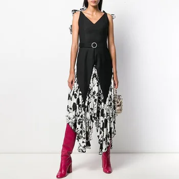 

2020 French Printing Long Skirt Xiaozhong Contrast Color Is Very Fairy Irregular Dress Female