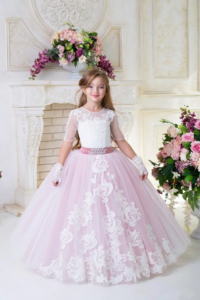 554 Luxury Blush Pink Lace Appliqued Tiered Flower Girl Dress Vintage Tulle Girl Birthday Prty Pageant Gown Short Sleeves Formal Wedding Dresses