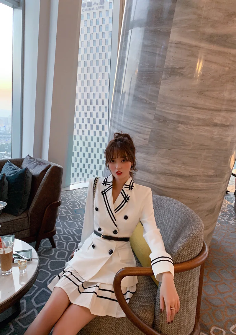 2 Piece Set Autumn Vintage Women Suit Sweet White Full Sleeve Suit Top and Pleated Skirt Office Two Piece Set Elegant Vestidos