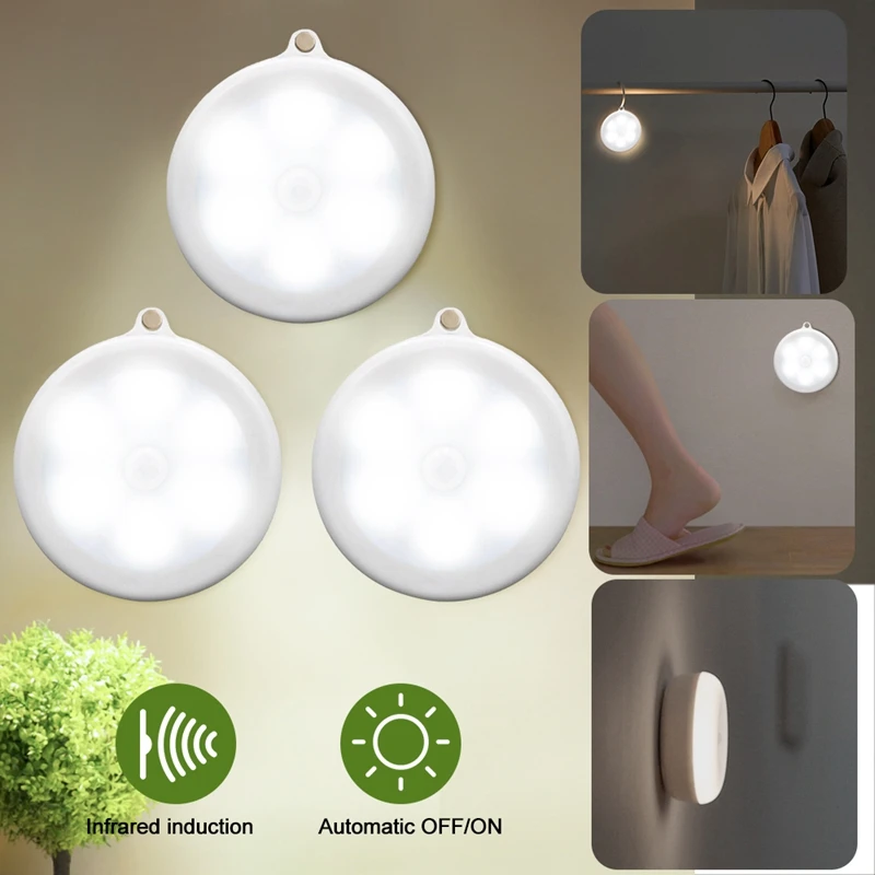

1/2/3/4/8pcs 6 LEDs Motion Sensor Cabinet Light Dia 80mm Wireless Detector Light Auto On/Off Lamp Protect Eye Lamp Cabinet Light