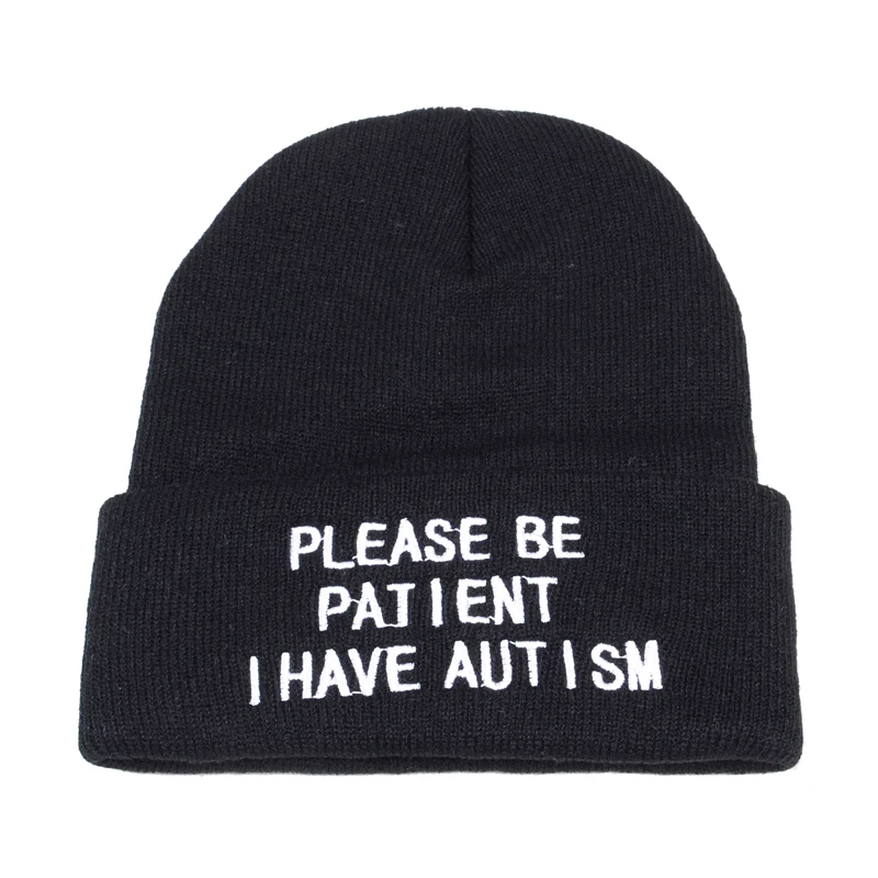 Please Be Patient I Have Autism letter Embroidery Knitted Hat men women Warm Winter Beanie Outdoor Sports Skiing Beanies - Color: Black