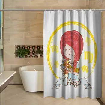 

Virgo Waterproof and colorful shower curtain Cute Little Girl with Flowers and Sun Behind Her Back Representing Virgo Zodiac