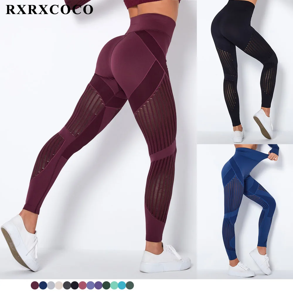 RXRXCOCO 15%Spandex Bubble Butt High Waist Seamless Leggings Push Up Pants Elastic Hollow out Fittness Sport Leggings Women