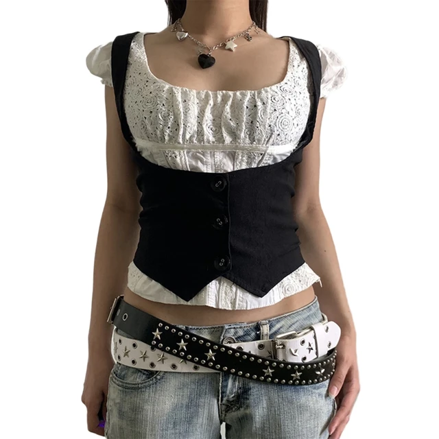 Chaleco gótico Vintage para mujer, minichaleco con espalda cruzada negra,  vestido Steampunk, chaqueta ajustada con 3 botones, Top corto - AliExpress