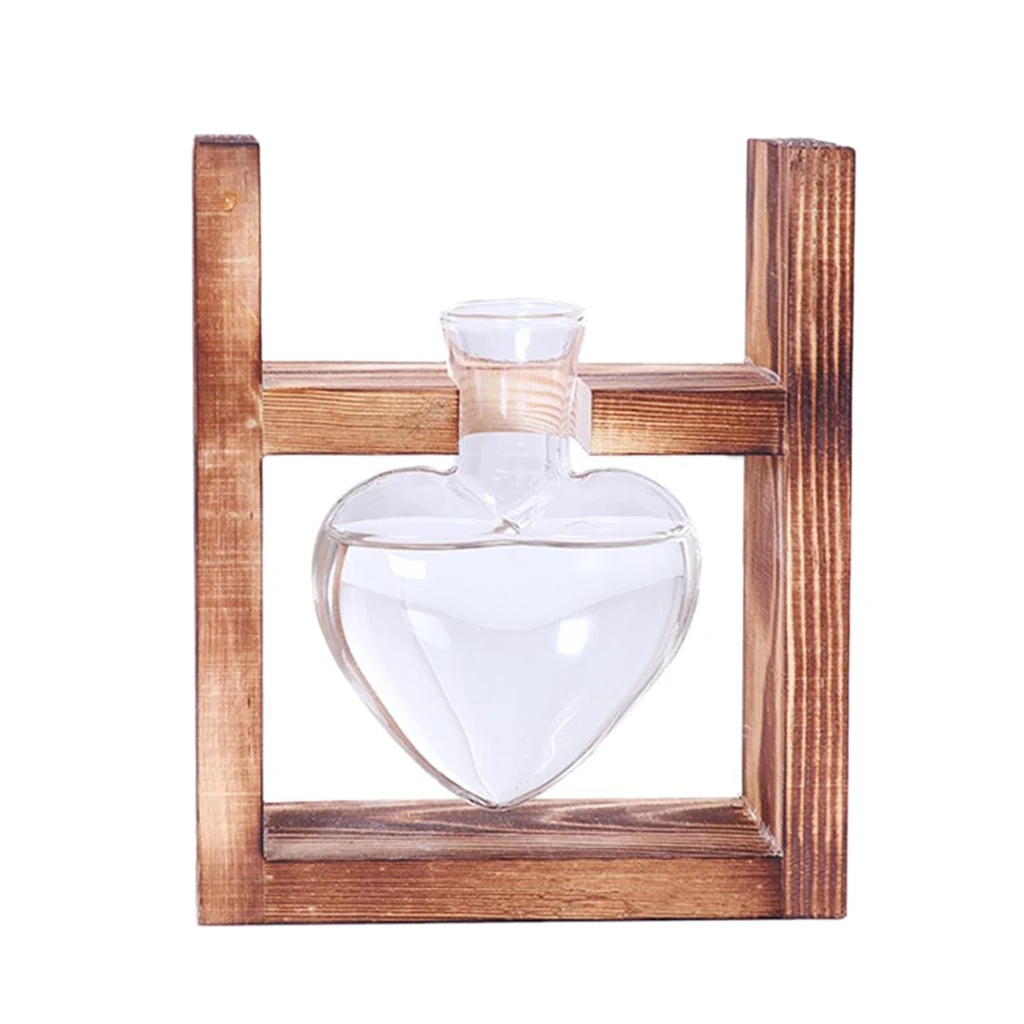 

Vintage Style Love Heart Shape Clear Glass Tabletop Plant Bonsai Flower Vase Wedding Party Decorative Terrarium With Wooden Tr