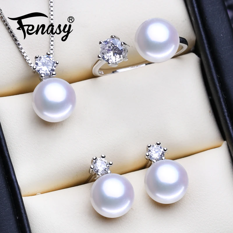 FENASY 925 Sterling Silver Jewelry Sets Natural Pearl Necklaces For Women Stud Earrings Classic Crown Pendant Ring 8-9mm