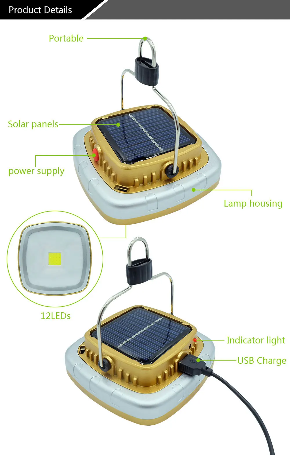 Details about / 60000LM Solar Lamp Portable COB LED Camping Lantern Tent Light Built-in Battery