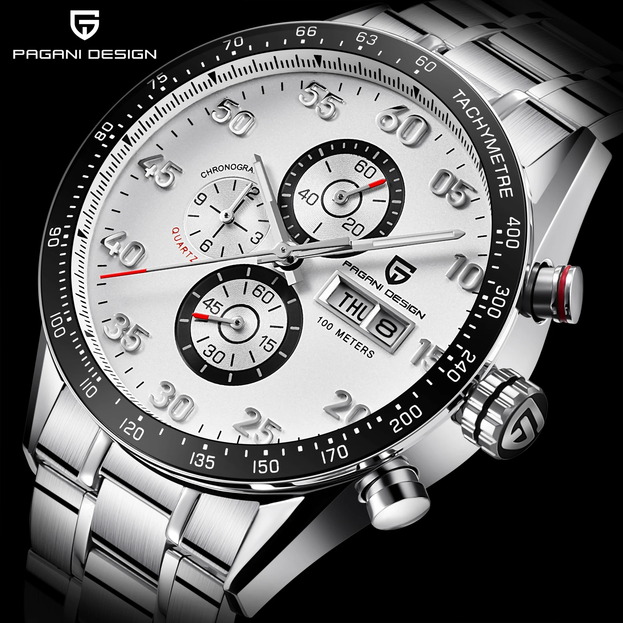 

PAGANI design Quartz wATCH top brand white/black dial date Full chronograph steel tachymeter mens WATCH