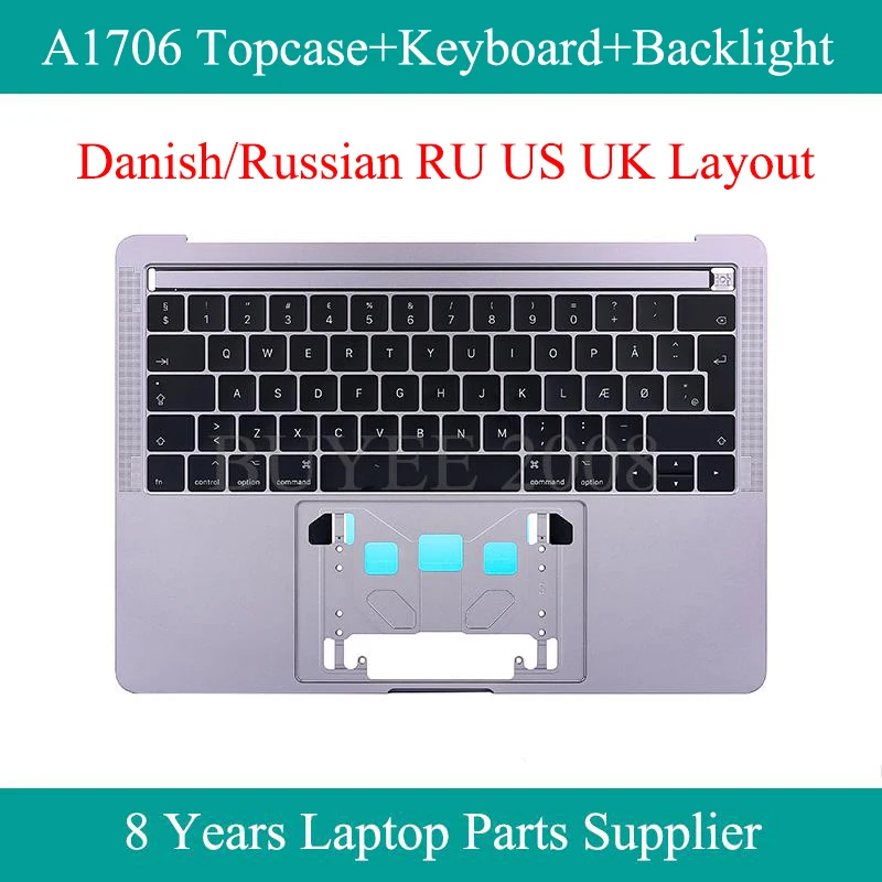 

Клавиатура для ноутбука с датской раскладкой, клавиатура для Macbook Pro RU US UK A1706, русская клавиатура, подсветка, верхний корпус, Упор для рук