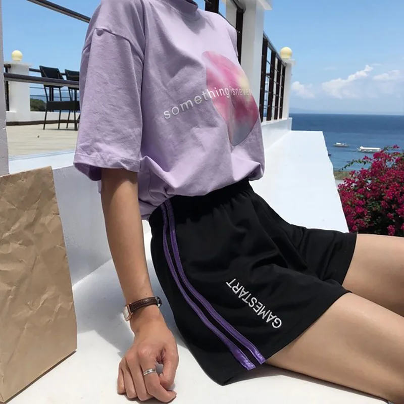 

Summer 2020 Ladies Shorts New Casual Simple Loose High Waist Contrast Stripes Elastic Running Wide Leg Sports Shorts