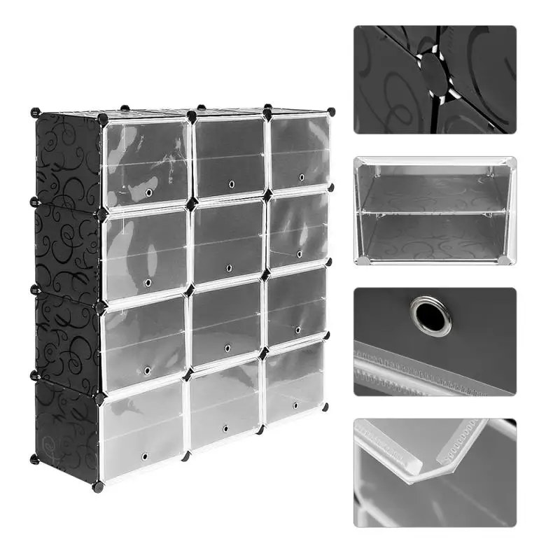 

Black 3x8 24Grid Plastic Shoe Cabinet DIY Shoe Rack Storage Shoes Organizers Cabinet Embossing Doors Shoe Box Rack Holder HWC