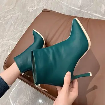 

2020 Fashion INS Short Boots Woman High Heeled Ankle Boot Women Autumn Shoes Pointed toe Female Footware Back Zipper Black Green