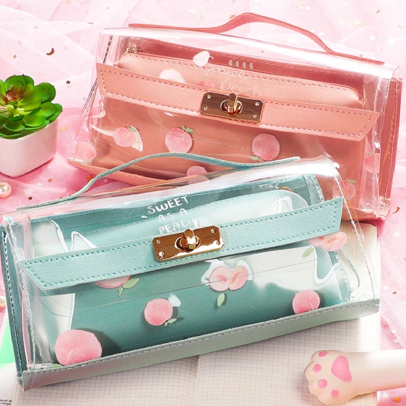 Storage Pen Case Handle Pencil Bag Transparent Pouch School Supplies Stationery Pencil Holder Rulers Organizer Pink Cosmetic Bag Pencil Cases Aliexpress