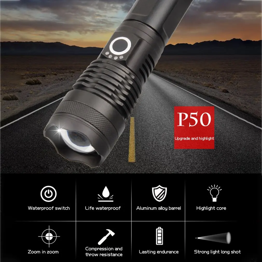 P50 самый мощный светодиодный светильник-вспышка с usb зумом тактический фонарь 18650 или 26650 перезаряжаемый аккумулятор ручной светильник Usb зарядный светильник