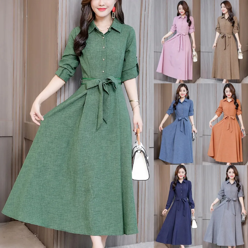 Женское платье элегантное однотонное с длинным рукавом поясом и высокой