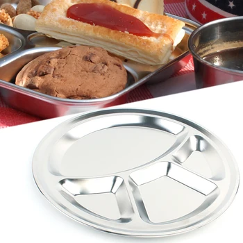 

High Quality Outdoor Camping Stainless Steel Dinner Plate Round 4 Grid Children Meal Tray Strong And Durable