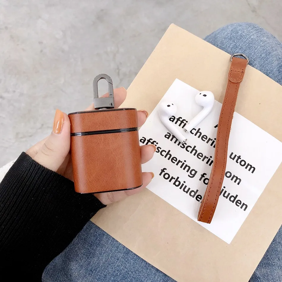 Brown With Strap Axbety для AirPods 2 Чехол кожаный чехол для наушников Чехол коробка для Apple Airpods 1 2 Чехол Мягкая микрофибра жесткий чехол - Цвет: Brown With Strap