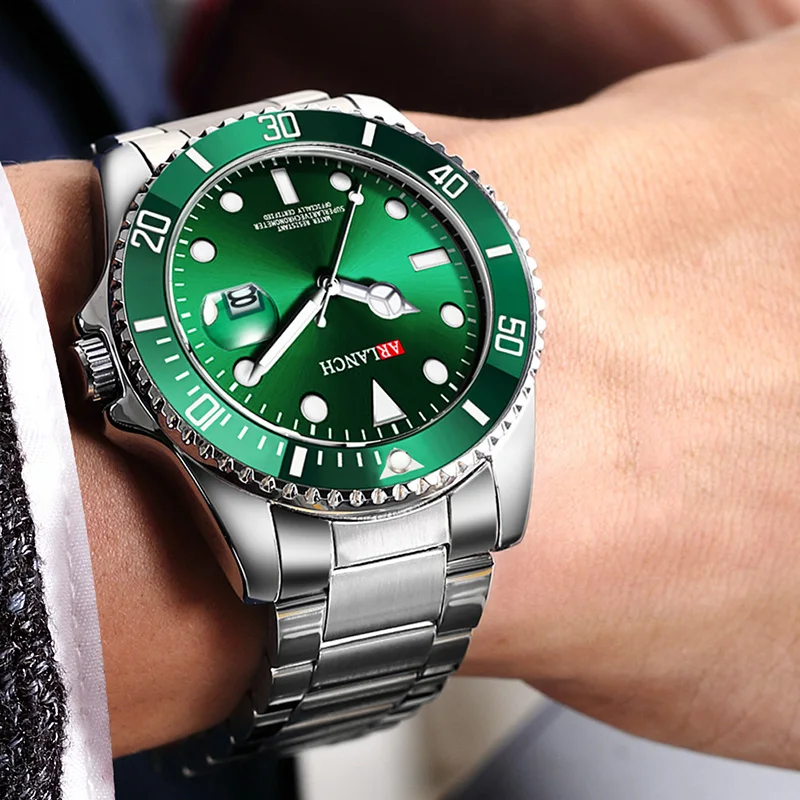 Модные водонепроницаемые часы для мужчин люксовый Бренд Rolexable часы мужские полностью стальные с зеленым циферблатом QuartzWatch деловые мужские часы hombre