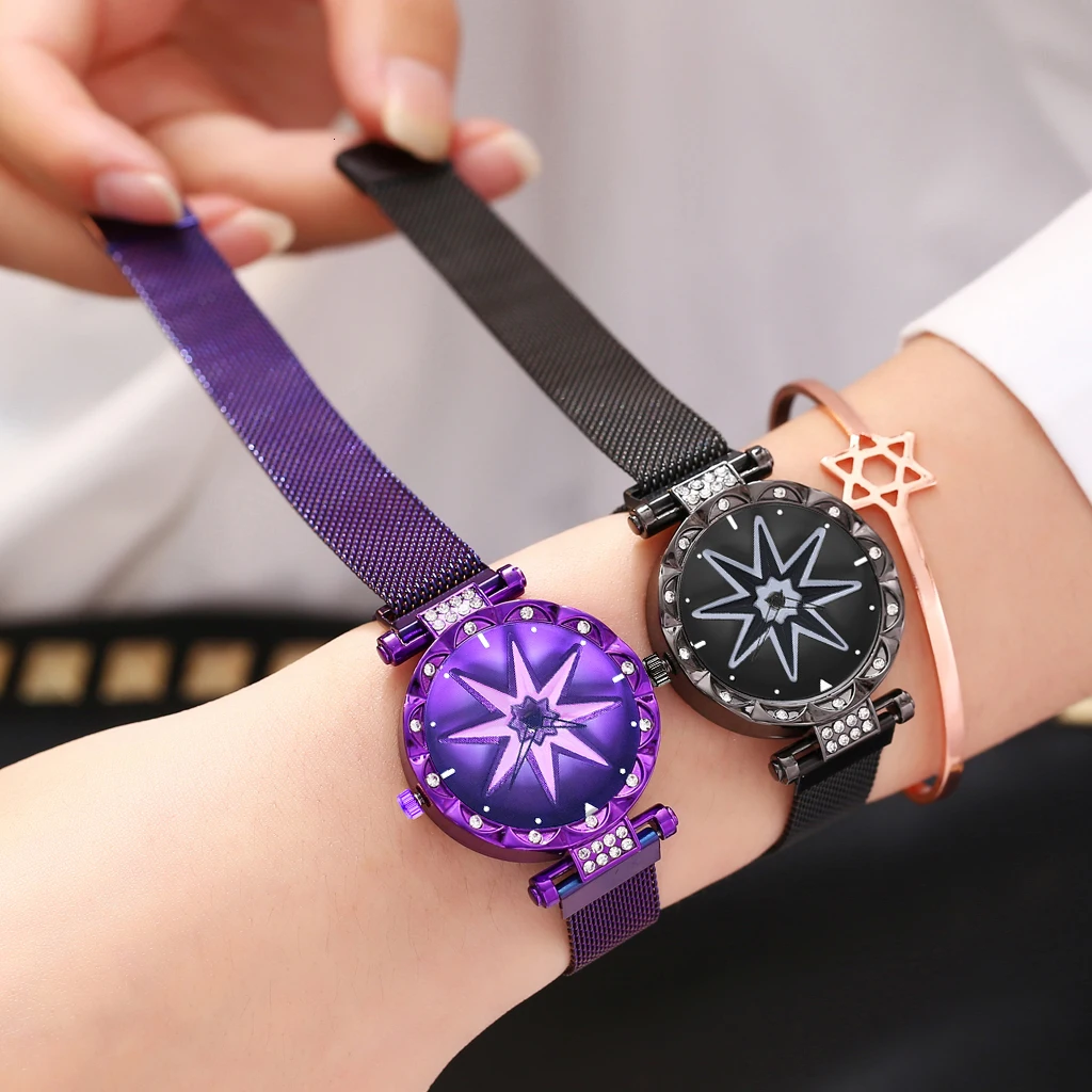 Женские часы с магнитной пряжкой и вращающимся цветком, роскошные женские кварцевые часы из нержавеющей стали, часы Relogio Feminino