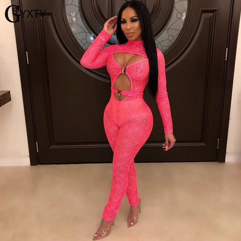 

GBYXTY Sexy Hollow Out Buckles Jumpsuit Women 2019 Turtleneck Long Sleeve Lace Jumpsuit Long Pants Club See Through Oufits ZL447