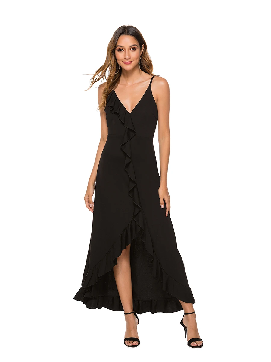 Сексуальное вечернее платье высококачественные Макси-Платье Маленькое черное платье с v-образным вырезом и оборками, платье для клуба LQ-2362