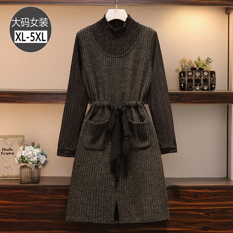 

2019 Autumn And Winter New Style Korean-style Large Size Dress Fat Mm Extra-large Lace-up Waist Hugging Slimming Half-Turtle-Nec