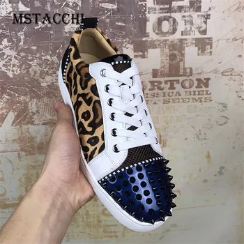 

MStacchi Genuine Leather Leisure Men's Casual Shoes Mature Rivet Mixed Colors Round Toe Cross-tied Breathable Vulcanized Shoes