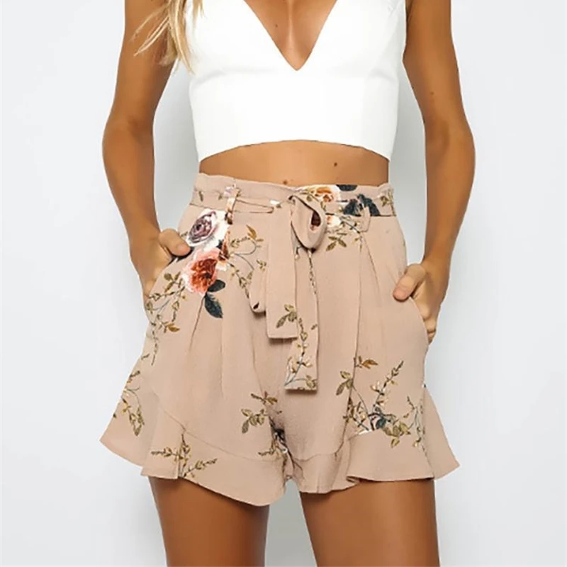 

Spring Women's High-waist Lace-up Printed Shorts Casual Loose Loose Loose Pockets Decorated With Lotus Lace Bohemian Clothing