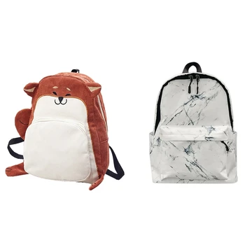 

Women Backpack Schoolbag Canvas Cute Fox Backpack (Orange Red) & Net Red Marble Pattern Backpack Student Personality