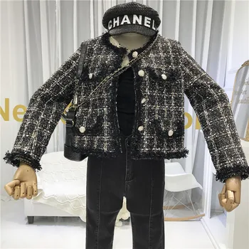 

2020 Autumn Short Long sleeve Cardigan Tweed Coat Womens Pockets Spring New Elegant Tweed Tassel Plaid Coats Female Black Jacket