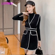 

2021 autumn and winter ladies lace wild belt belt jacket + bottoming sweater V-Neck Regular Knee-Length Sashes Office Lady