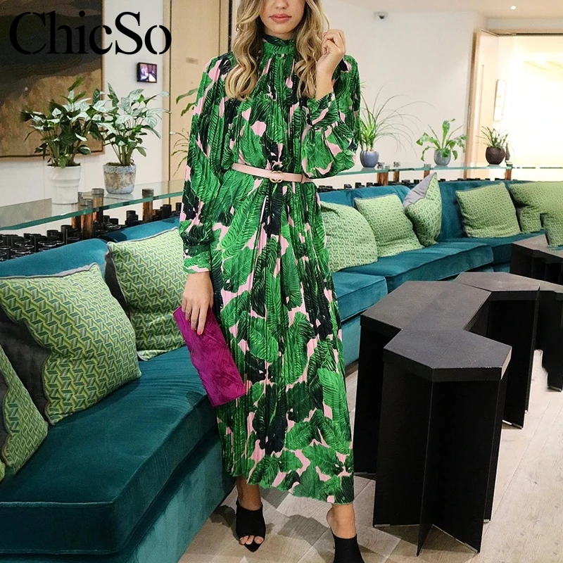 Baratos MissyChilli plisado floral de gasa de manga larga vestido de mujer elegante verde midi vestido de fiesta de Navidad de Invierno para mujer