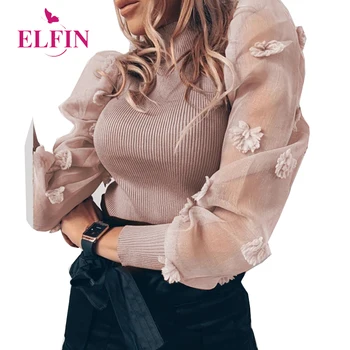 

Patchwork Long Sleeve Tee Shirt Femme Mesh Perspective Women Tshirt Knit Spring 2020 SJ5482R