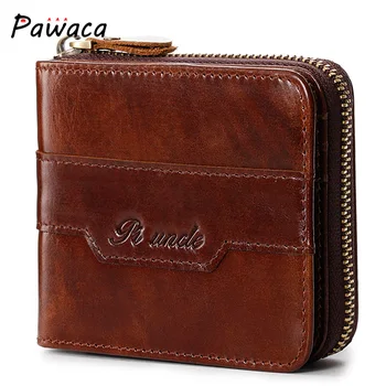

Men Wallets Genuine Leather Zipper Wallet Fashion Folding Retro Coin Purse Bag Anti-theft Brush RFID Multi-card