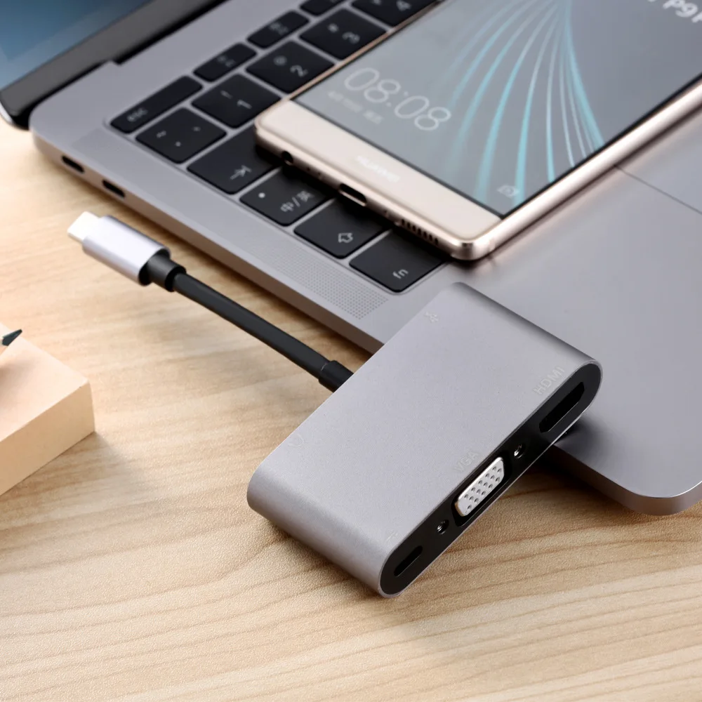 Type C Adapter 5-in-1 Thunderbolt 3 USB Type C Hub to HDMI VGA 3.5mm Jack USB Adapter with Type-C Power Delivery for MacBook Pro