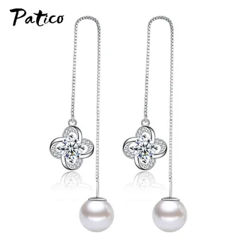 

Party Korean Trend Luxury Rhinestone Pearl Eardrop 925 Sterling Silver Dangle Earrings Cubic Zircon Lovers Gift Jewelry