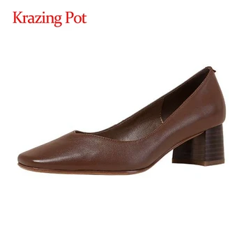 

Krazing Pot 2020 natural leather european design shallow square toe thick med heel slip on pretty girls handmade women pumps L03