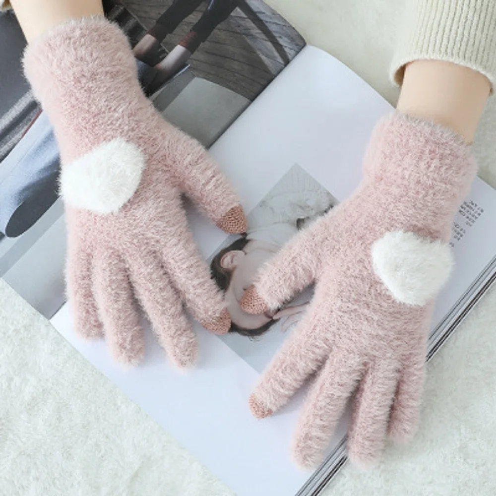 pink Вязаные женские перчатки для экрана, зимние мягкие вязаные перчатки из кроличьей шерсти, теплые милые розовые рукавицы с сердечками для девочек, милые Мультяшные перчатки с кошками - Цвет: pink