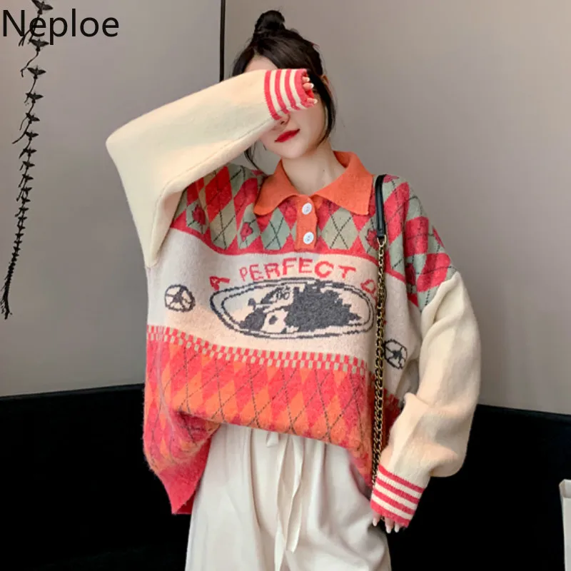 Neploe Loose Crazy Style Retro Knit Letter Print Sweater Turn Down Collar Long Sleeve Button Pullovers Autumn Winter Pull Femme