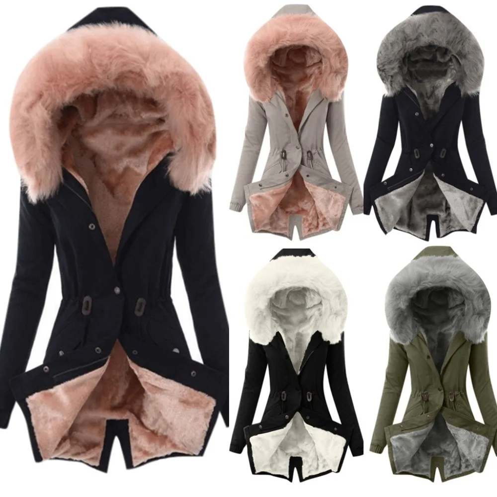 Женское пальто с капюшоном из искусственного меха размера плюс, Женское пальто с меховой подкладкой, женская зимняя теплая Толстая длинная куртка, пальто с капюшоном# g4