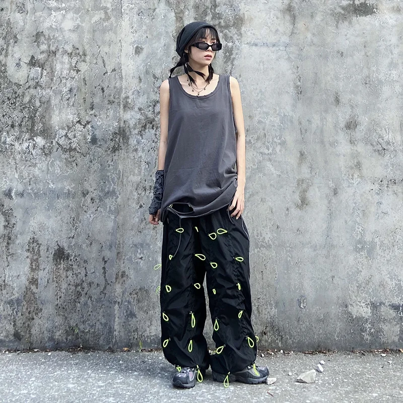 [EAM] High Elastic Waist Green Drawstring Wide Leg Long Trousers New Loose Fit Pants Women Fashion Tide Spring Autumn 2020 1X847