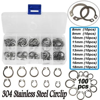 

100PCS/Lot Silver Color 304 Stainless Steel External Circlip Retaining Ring Assortment Kit 8-18mm With box