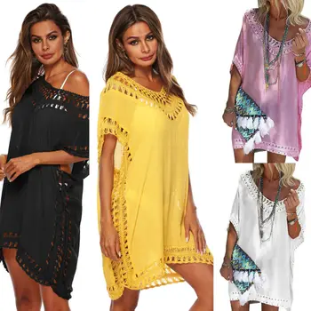 

2020 Summer Womens Bikini Cover Up Short Sleeve Loose Baggy Tops Beach Dress dress women Kaftan Sundress