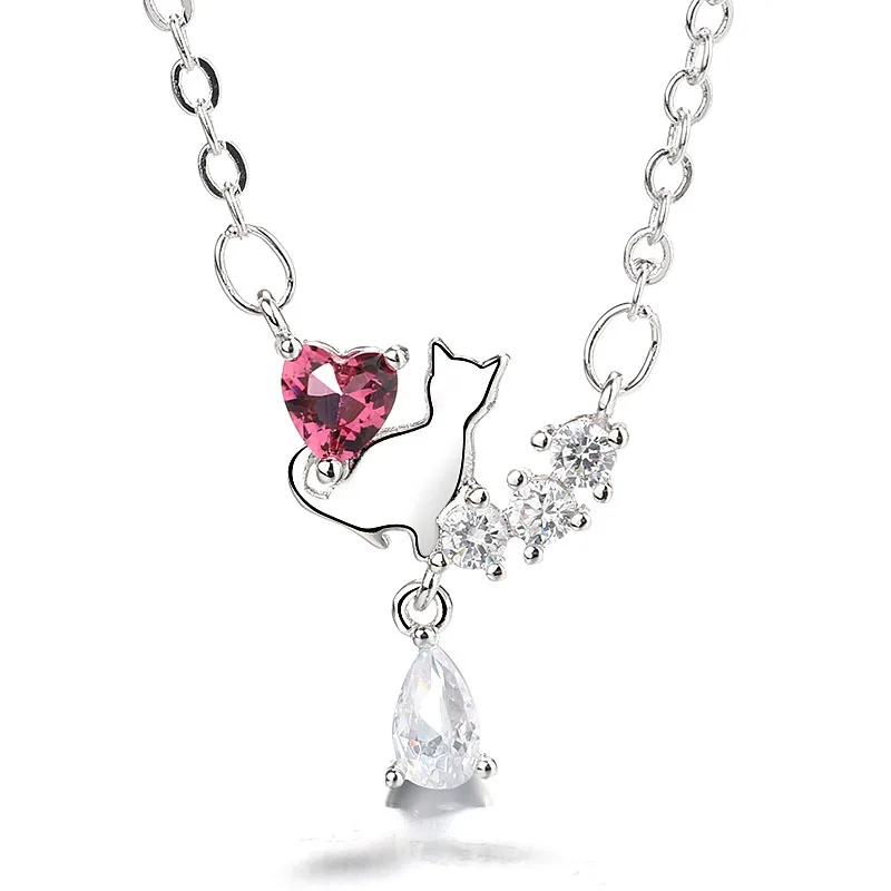 

Silver Cute Cat Pendant Necklace 925 Heart Water Drop Shape Zircon Chain Necklace Animal Pet Lucky Fashion Jewelry For Women