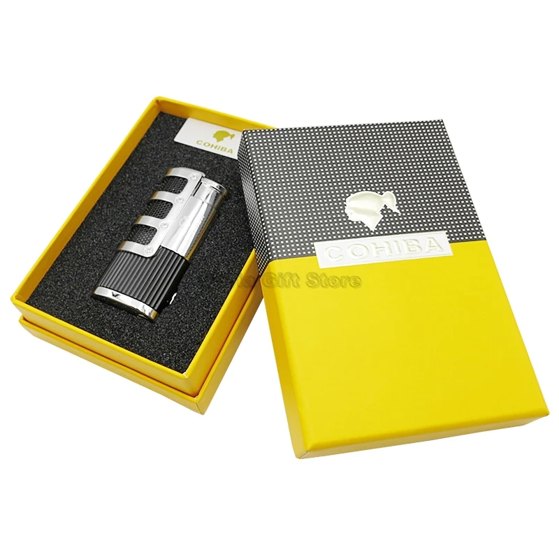 COHIBA металлический тройной Факел Пламени Зажигалка, наполненная Бутаном газ огонь пламя встроенный перфоратор прикуриватель курительный инструмент