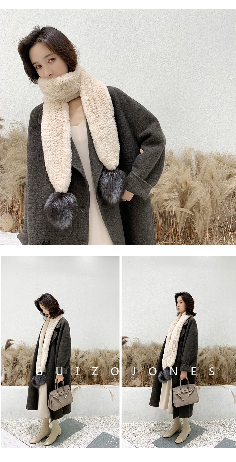Winter Warm Rex Rabbit Fur Woven Big Hair Ball Scarf Encryption Thickening Fur Scarf Bib