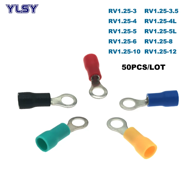 

50Pcs Ring Insulated Crimp Terminals Electrical Wire Connector RV1.25-3/4/5/6/8/10/12 Ferrules Cable 0.5-1.5mm2 22-16AWG 19A